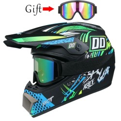 Офроуд каска за All-Mountain / Downhill (AM/DH) – Черно със синьо-зелени графики (Размер L) + ПОДАРЪК Очила