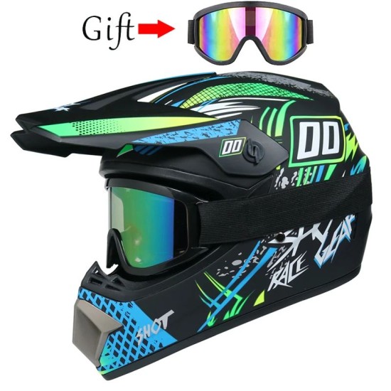 Офроуд каска за All-Mountain / Downhill (AM/DH) – Черно със синьо-зелени графики (Размер L) + ПОДАРЪК Очила